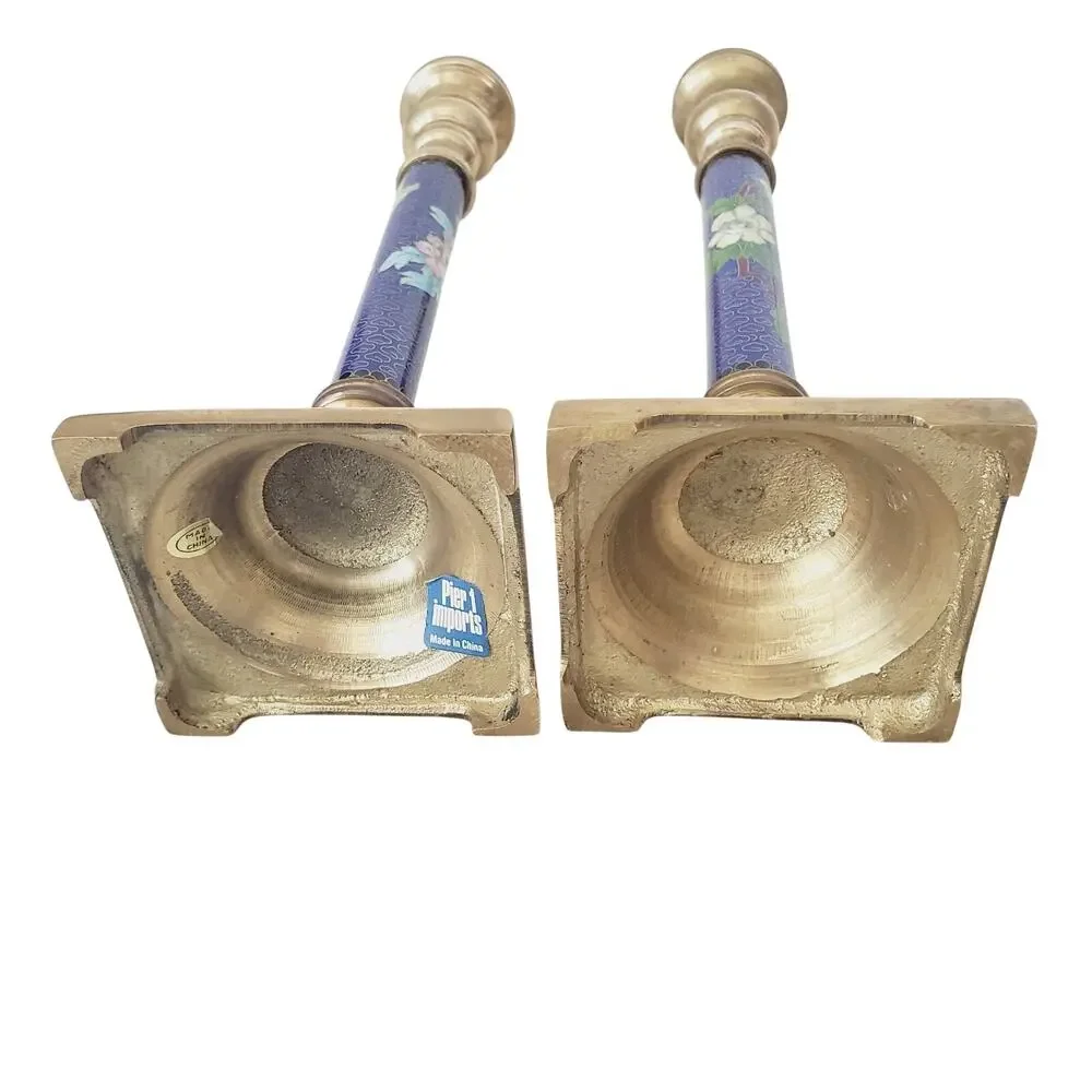 Vintage Pier 1 Brass 10” Pair X 2 Candlestick Cloisonne Enamel Floral Inlay Rare